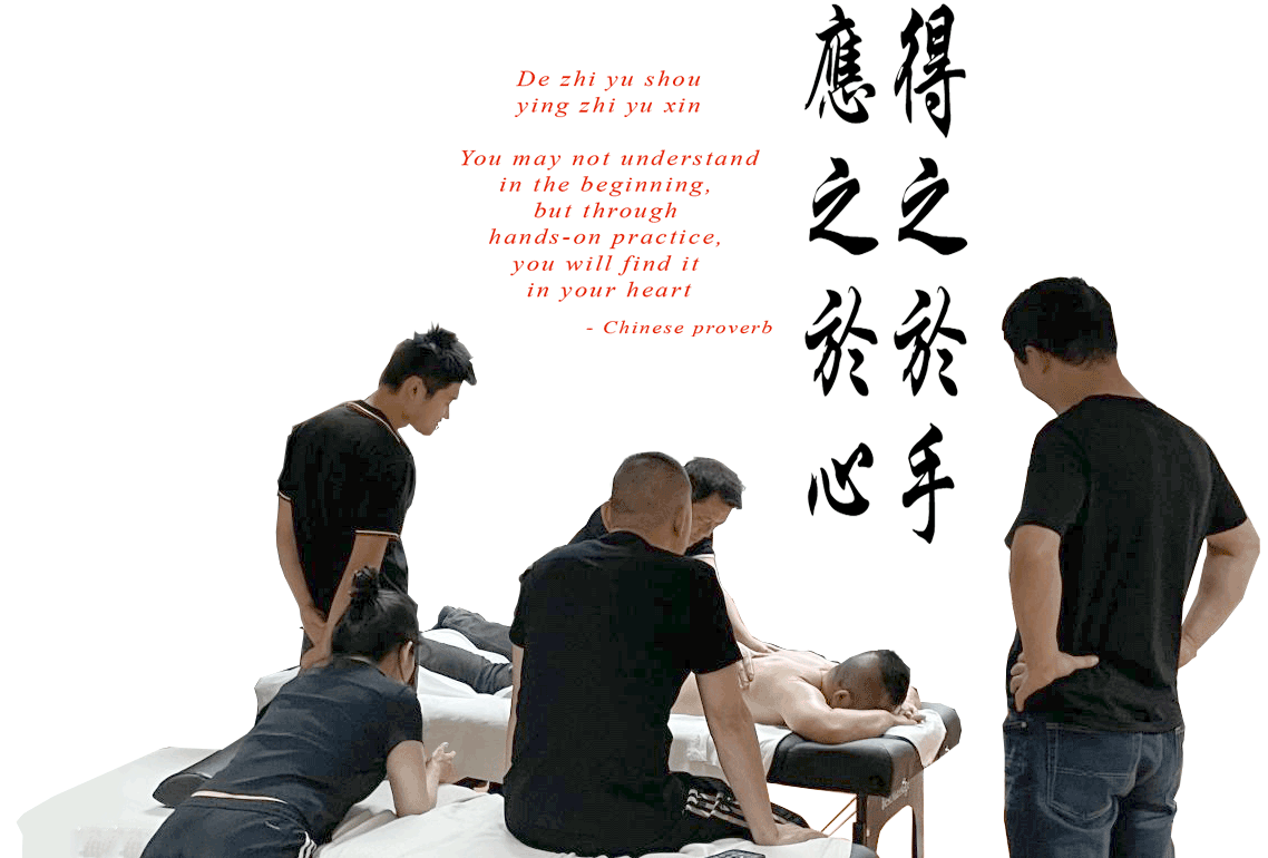 Four tui na students observing a tui na massage therapy demonstration with the following Chinese proverb in the background: 'You may not understand in the beginning, but through hands-on practice, you will understand it in your heart'